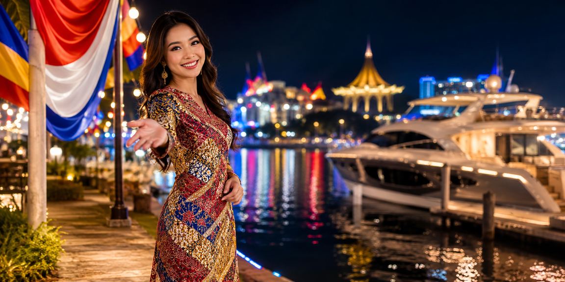 Suasana hiburan kasino bertemakan batik Sarawak dengan pencahayaan biru dan ungu